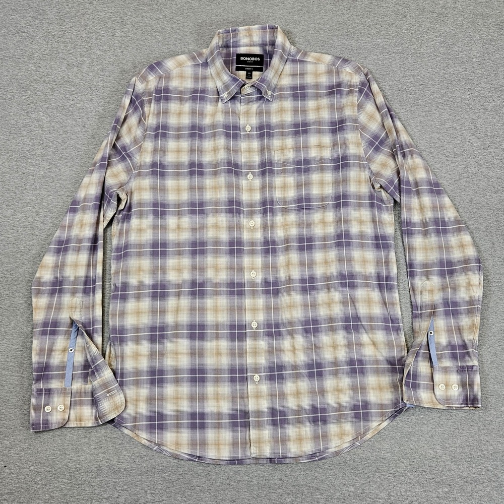 Bonobos Stretch Standard Fit Purple Tan Plaid Button Down Shirt Mens Large Long